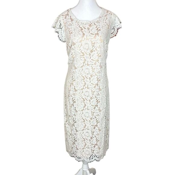 Vince Camuto Lace Open Back Sheath Dress Scalloped Sleeves White Size 16 - Picture 1 of 8